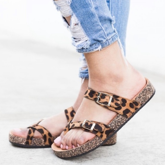 Leopard Buckle Chic Cork Wedge Slide Sandals - Picture 2 of 5
